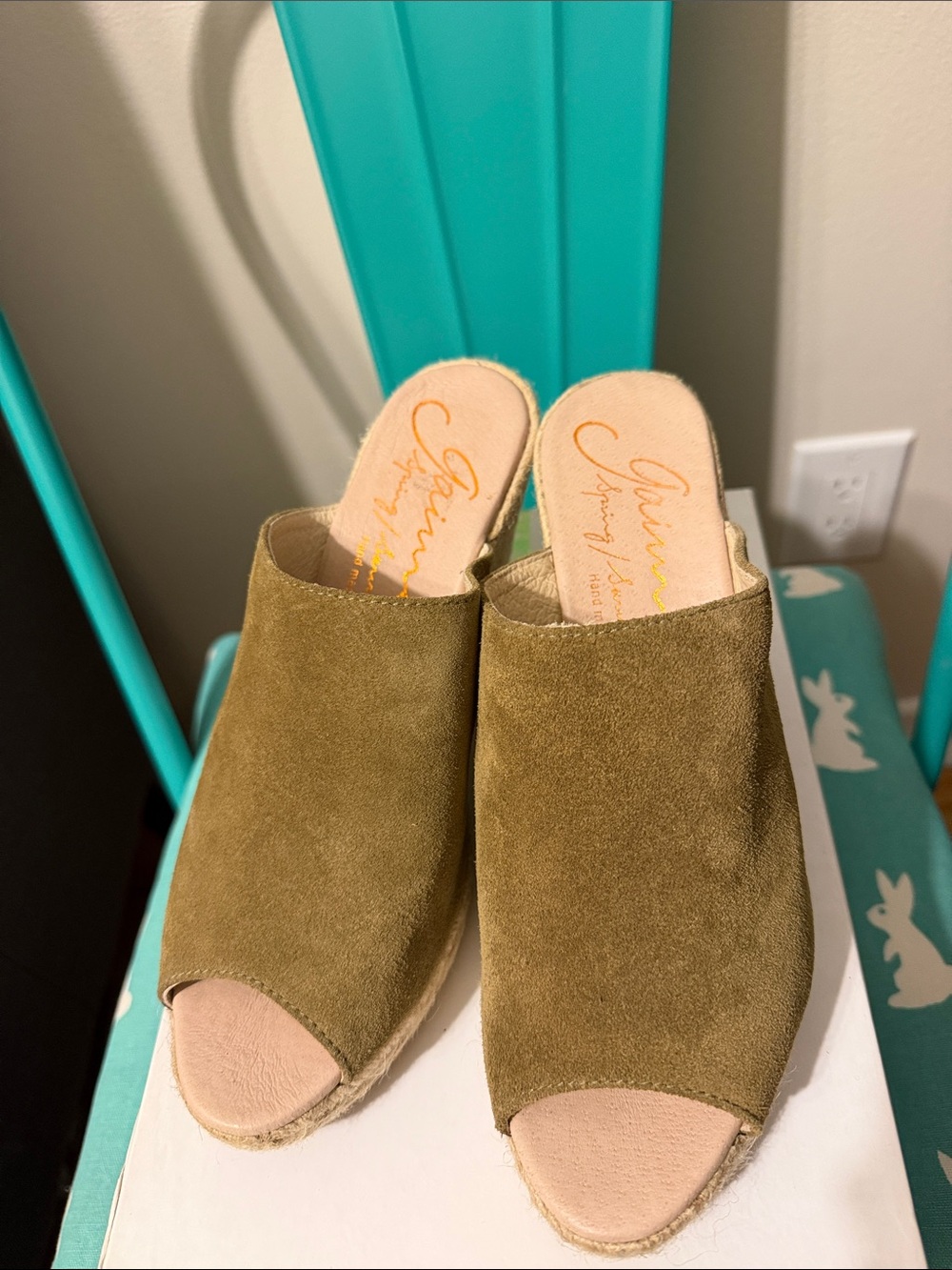 Gaimo Espadrilles Olive Green Suede Peep-Toe Wedge Mules Hand made